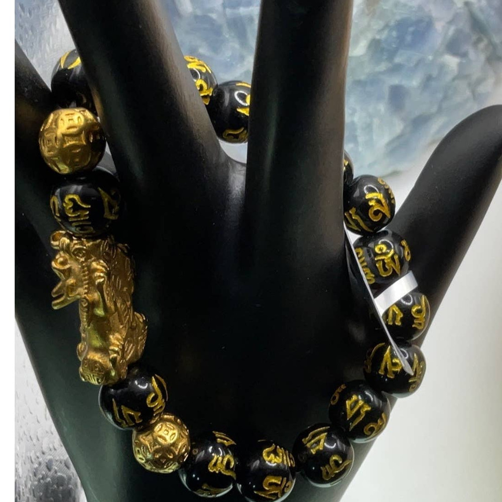 Pixiu Chinese Good Fortune Obsidian Crystal Bracelet